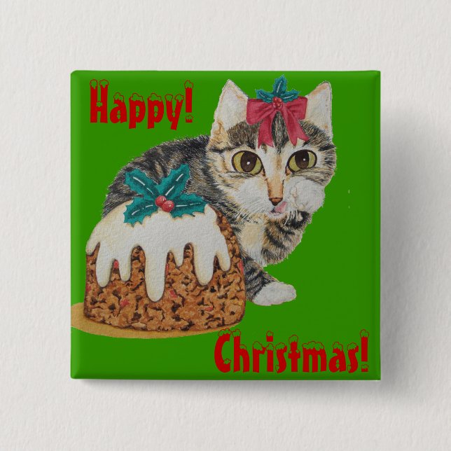 cute kitten tabby cat eating pudding for christmas 15 cm square badge (Front)