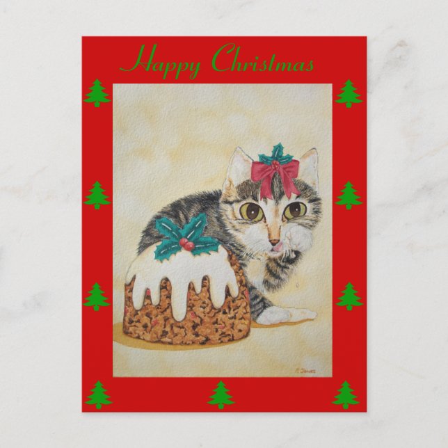 cute kitten tabby cat eating pudding for christmas holiday postcard (Front)
