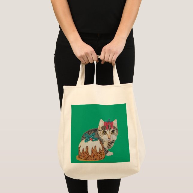 cute kitten tabby cat eating pudding for christmas tote bag (Front (Product))