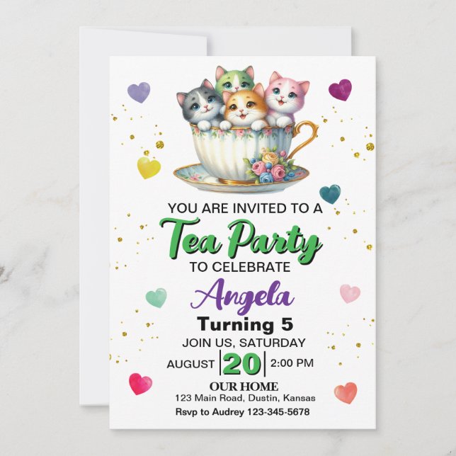 Cute Kitten Tea Party Any Age Birthday Invitation (Front)
