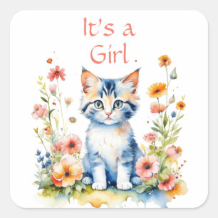 Cute Kitten Themed It's a Girl Baby Shower Square Sticker