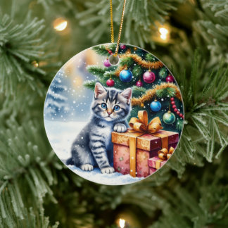 Cute Kitten Under Christmas Tree Ceramic Tree Decoration