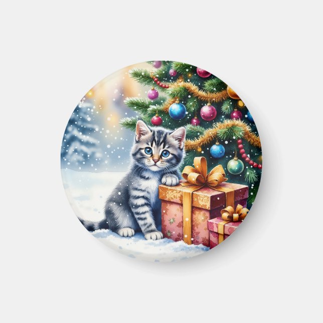 Cute Kitten Under Christmas Tree Magnet (Front)