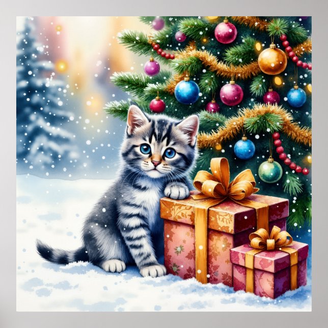 Cute Kitten Under Christmas Tree Poster (Front)