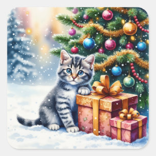 Cute Kitten Under Christmas Tree Square Sticker
