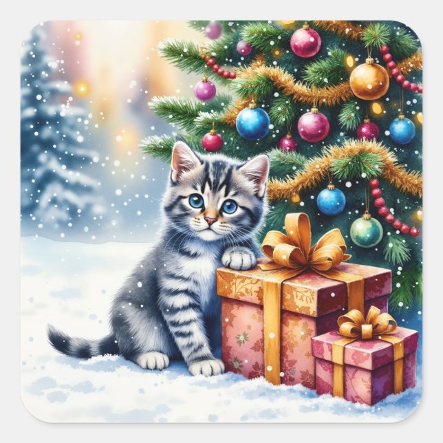 Cute Kitten Under Christmas Tree Square Sticker (Front)
