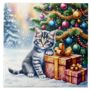 Cute Kitten Under Christmas Tree Tile