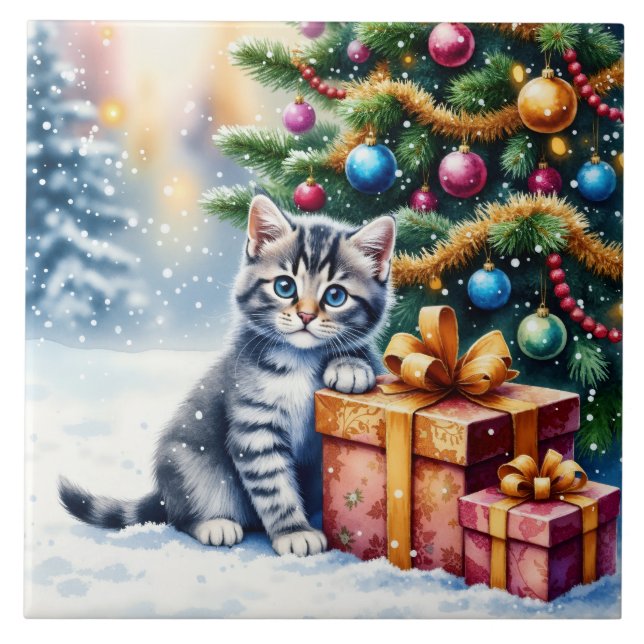 Cute Kitten Under Christmas Tree Tile (Front)
