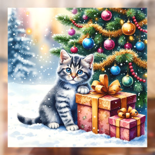 Cute Kitten Under Christmas Tree Window Cling