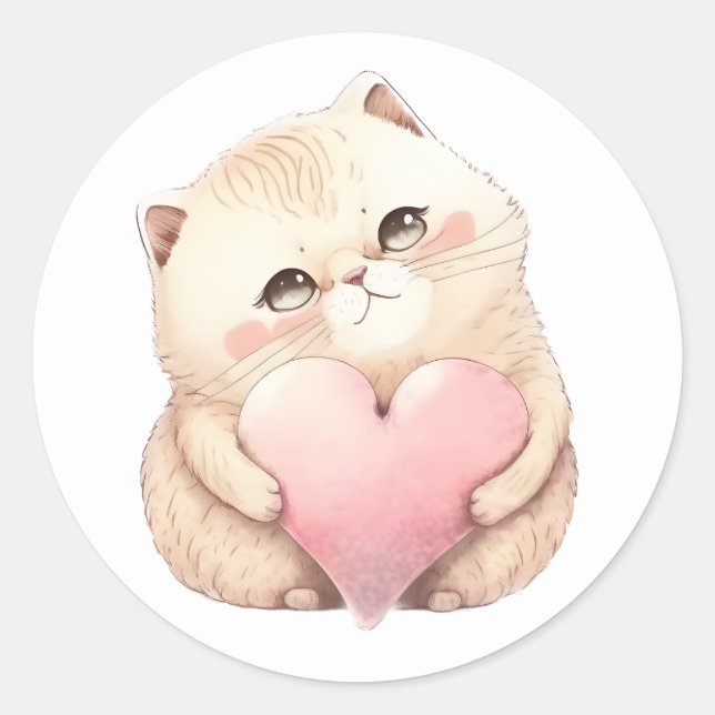 Cute Kitten Valentines Pink Heart Watercolor Cat  Classic Round Sticker (Front)