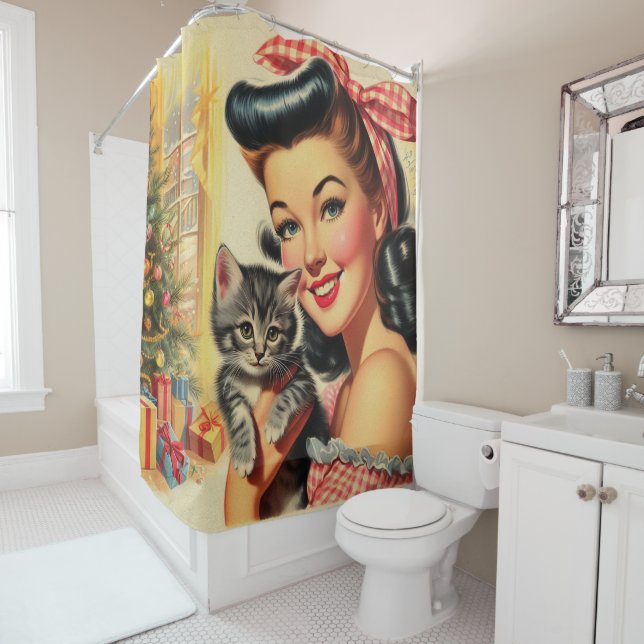Cute Kitten Vintage Pin Up Shower Curtain (In Situ)