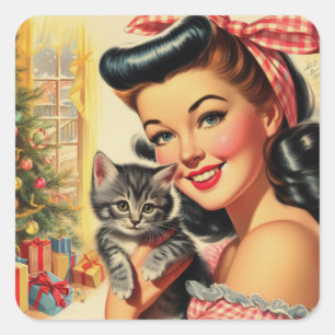 Cute Kitten Vintage Pin Up Square Sticker