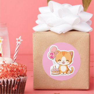 Cute Kitten w Balloons, 2nd Birthday  Classic Round Sticker