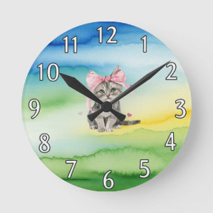 Cute Kitten Wall Clock with Pink Bow