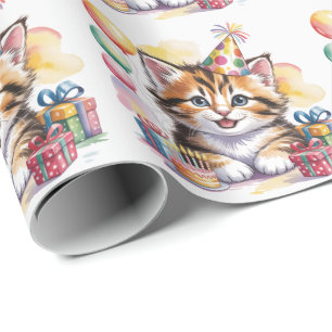 Cute Kitten Watercolor Birthday Party Wrapping Paper