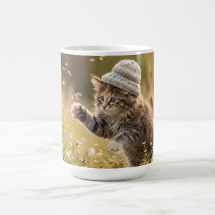 Cute Kitten Wearing a Hat Playing with Dandelions Coffee Mug