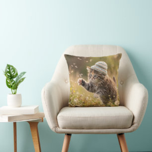 Cute Kitten Wearing a Hat Playing with Dandelions Cushion
