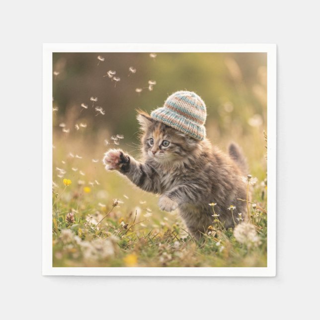 Cute Kitten Wearing a Hat Playing with Dandelions Napkin (Front)