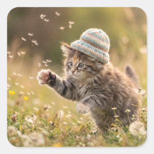 Cute Kitten Wearing a Hat Playing with Dandelions Square Sticker