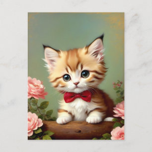 Cute Kitten Wearing a Red Bow. Oil Painting. Postcard
