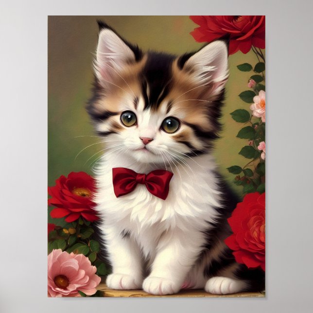 Cute Kitten Wearing a Red Bow Poster (Front)