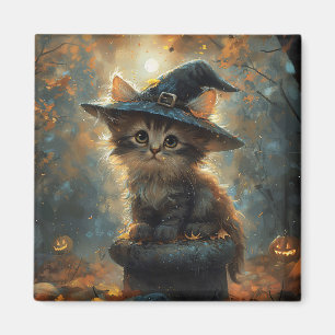 Cute Kitten Wearing a Witch Hat Magnet