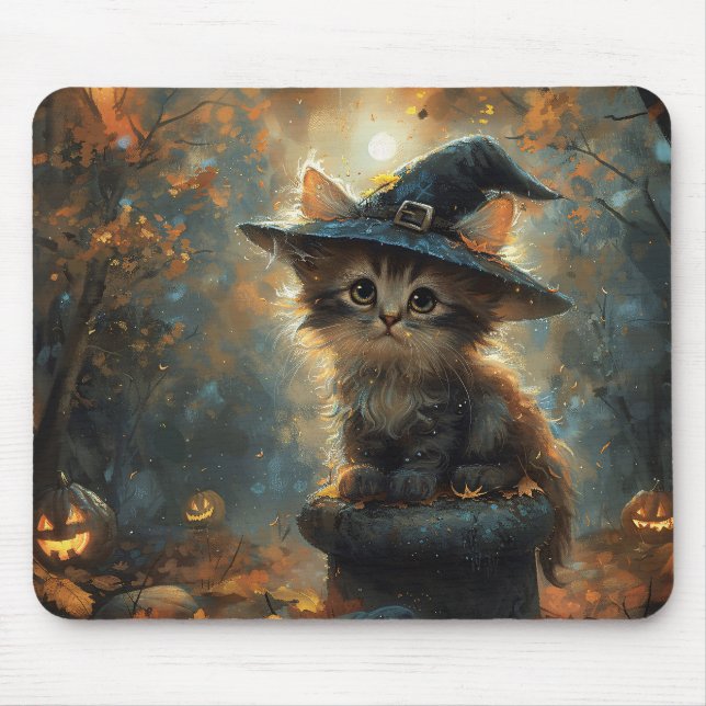 Cute Kitten Wearing a Witch Hat Mouse Mat (Front)