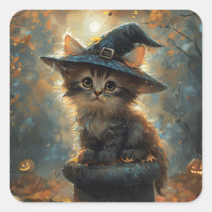 Cute Kitten Wearing a Witch Hat Square Sticker