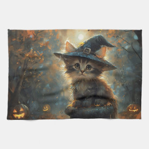 Cute Kitten Wearing a Witch Hat Tea Towel