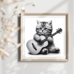 Cute Kitten with Acoustic Guitar Pencil Portrait  Poster