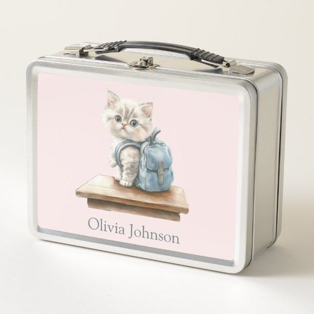 Cute Kitten with Backpack Personalised Metal Lunch Box (Front)