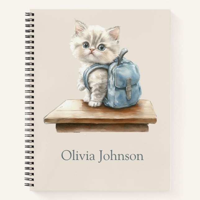 Cute Kitten with Backpack Personalised Notebook (Front)