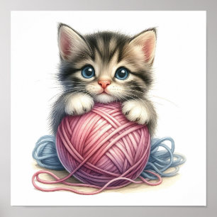 Cute Kitten with Ball of Yarn Whimsical Cat  Poster
