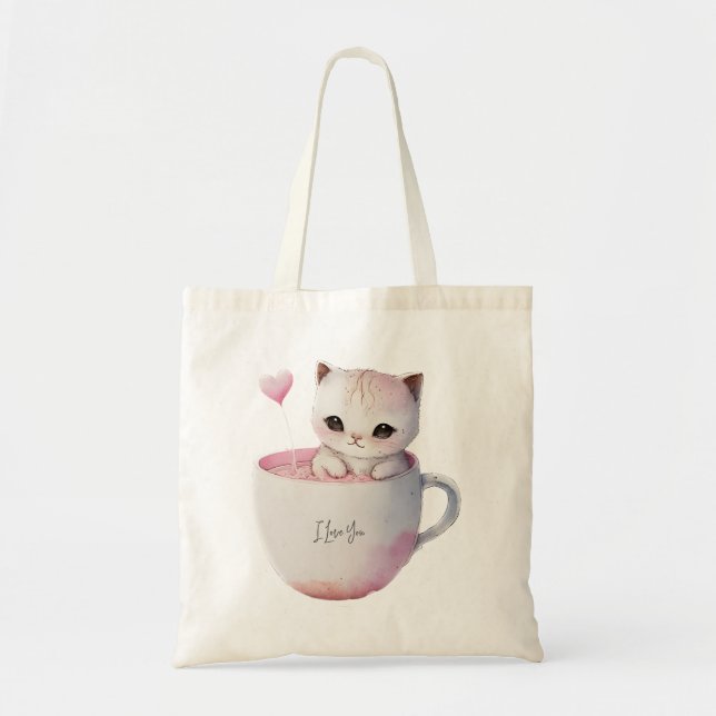 Cute Kitten with Balloon Heart Tote Bag (Front)