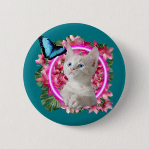 Cute Kitten with blue butterfly on neon tropical 6 Cm Round Badge