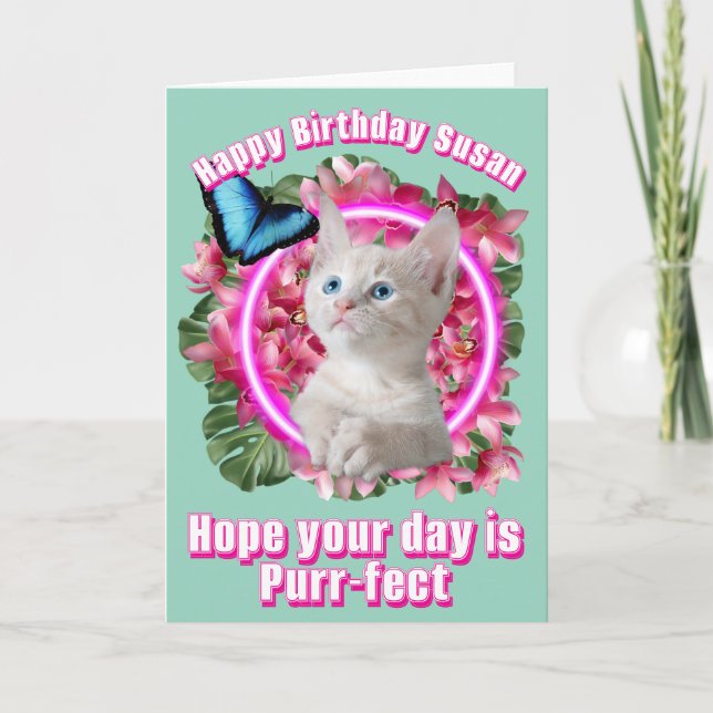  Cute Kitten with blue butterfly on neon tropical Card (Front)