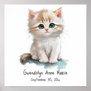 Cute Kitten with Blue Eyes Watercolor Nursery Art Poster