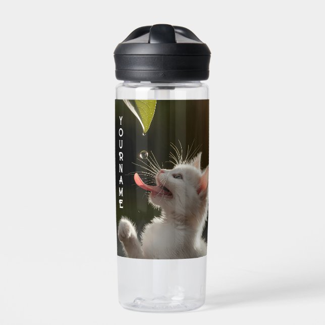 Cute Kitten with Dewdrop Personalised Name Gift Water Bottle (Front)