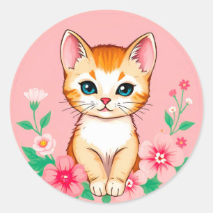 Cute Kitten with Flowers Classic Round Sticker