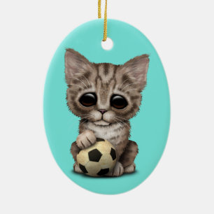 Cute Kitten With Football Soccer Ball Ceramic Tree Decoration