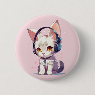 Cute Kitten with Headphones Charm 6 Cm Round Badge