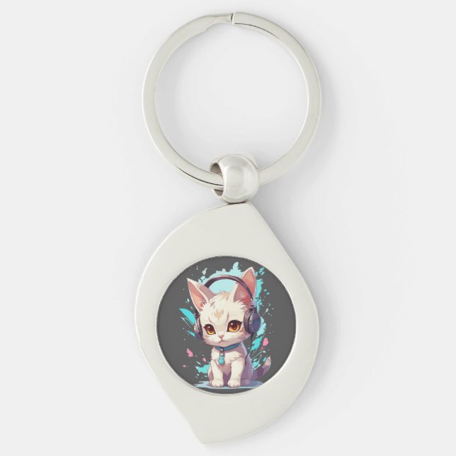 Cute Kitten with Headphones Magic Key Ring (Front)