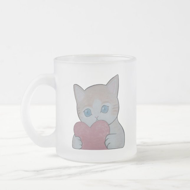 cute kitten with heart frosted glass coffee mug (Left)