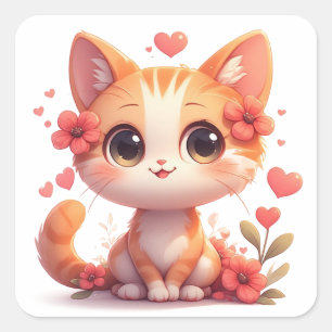 Cute Kitten With Hearts And Flowers Happy Cat 🐱 Square Sticker