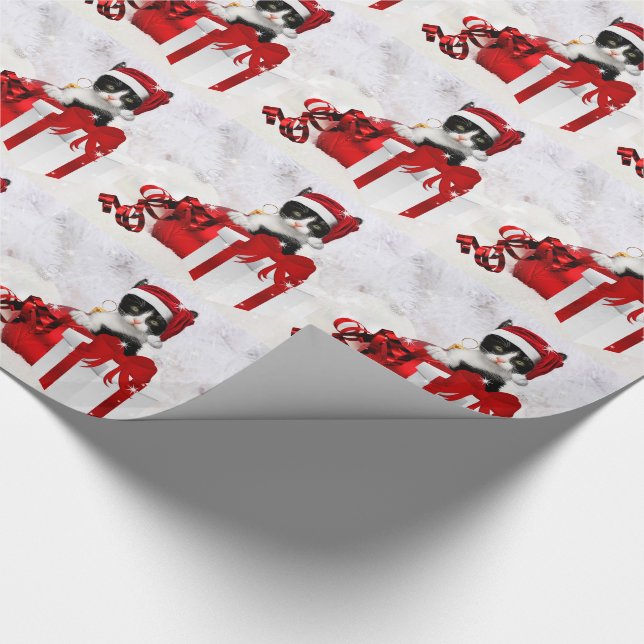 Cute Kitten with Holiday Package and Snow Wrapping Paper (Corner)
