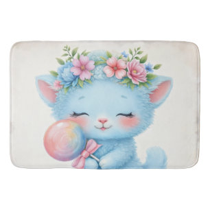 Cute Kitten with Lollipop Floral Illustration Bath Mat