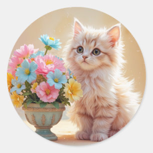 Cute Kitten with Pastel Flowers Classic Round Sticker