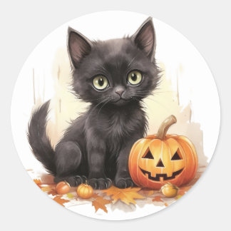 Cute Kitten with Pumpkin Halloween Stickers