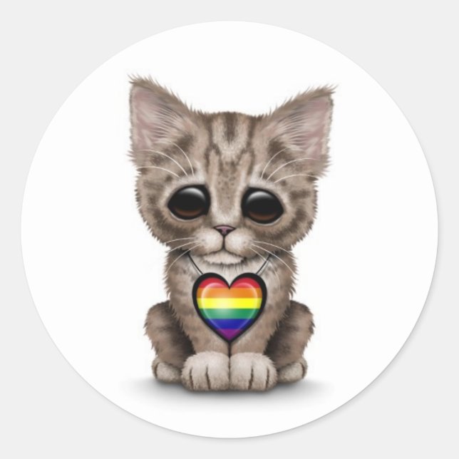 Cute Kitten with Rainbow Gay Pride Heart, white Classic Round Sticker (Front)