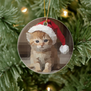 Cute kitten with Santa hat. Ceramic Tree Decoration